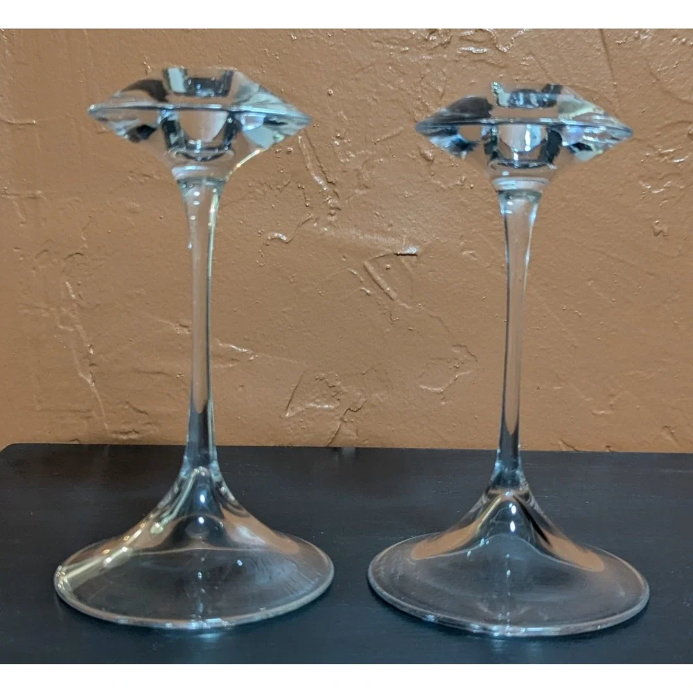 Kosta Boda Fanfare Crystal Candlesticks Set of 2 Signed & No. Kjell Engman 68205